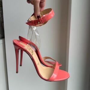 Christian Louboutin strappy heels in pink coral patent leather
